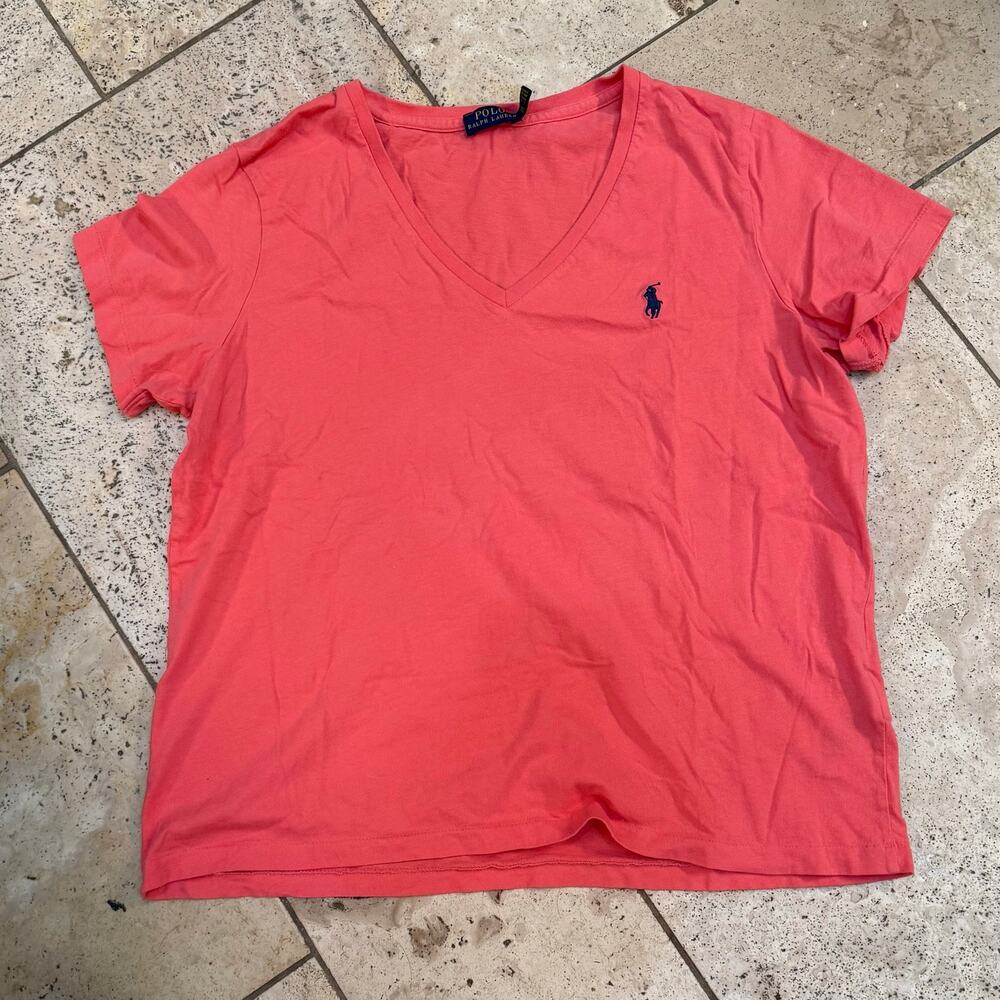 Polo Ralph Lauren V-Neck Cotton Pink Logo Short Sleeve Tee - Womens XL